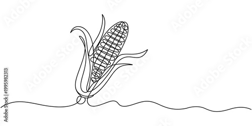 corn continuous one line drawing, Maize ear in continuous line art drawing style. Corn cob black linear sketch isolated on white background, one line Art icon drawing. Continuous one line drawing