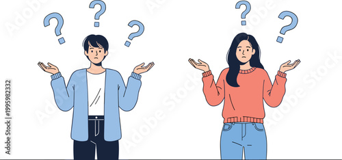Confused people with question marks set showing uncertainty, doubt and decision making concept in modern flat cartoon vector illustration style