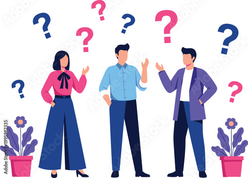 Confused people group with question marks showing uncertainty, decision making and problem solving concept in modern flat cartoon vector illustration style