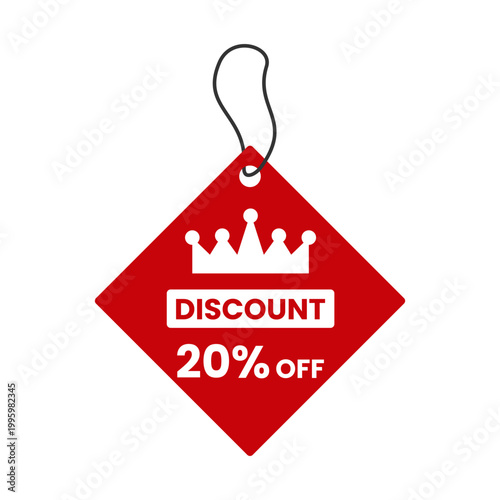 Red 20 Percent Off Discount Tag with Crown Icon Vector