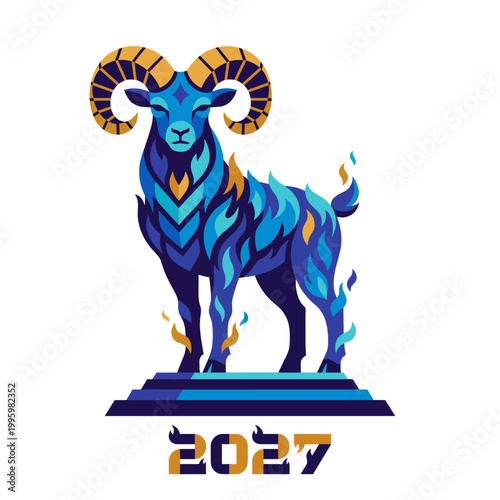 Electric blue ram standing above futuristic 2027 numerals channeling zodiac strength ceremonial power and luminous fantasy detail through bold horns flames and geometric styling