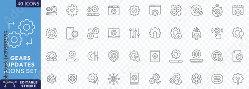 Gears Updates icon set. Containing update, gears, control, tool, system. Fully Editable. Vector illustration.