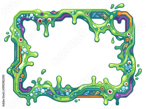 Neon slime border dripping in glossy green ooze and cosmic bubbles surrounding an irregular frame alive through playful toxic energy vivid splashes and bizarre cartoon texture