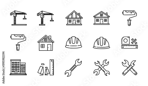 Modern construction thin line icons collection editable stroke building repair and renovation symbols isolated on white background