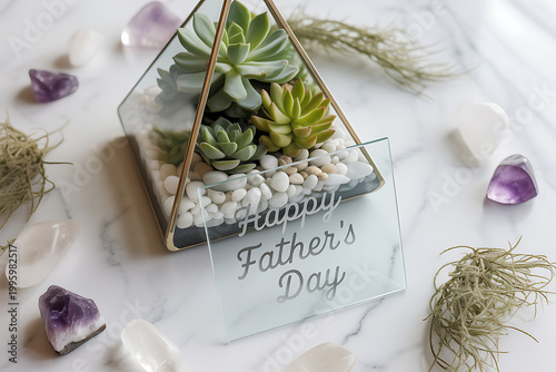 A glass terrarium with succulents and 'Happy Father's Day' message on transparent background