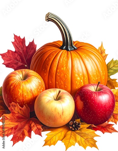 Autumn harvest fruits and leaves arrangement.