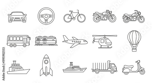 Collection of various transportation vehicles and modes of travel.