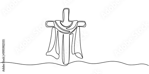 continuous line drawing of a cross with a flying cloth.one line drawing of the sign of Jesus' crucifixion wrapped around a flying cloth. single line vector illustration. isolated on white background