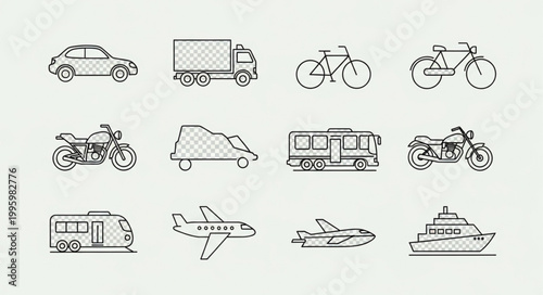 Collection of hand drawn transportation vehicles and modes of travel.
