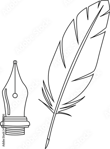 Vintage fountain pen nib and feather illustration hand drawn style vector design