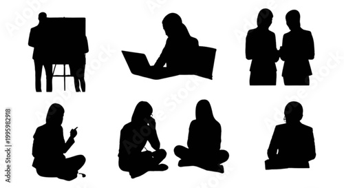 Silhouette people icons showing different activities isolated on transparent background, Vector