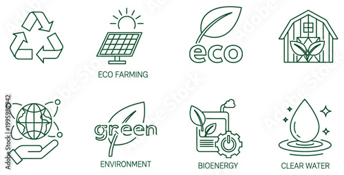 Collection of clean line art icons representing environmental sustainability concepts including recycling, solar power, organic farming, conservation, green energy, and pure water resources.