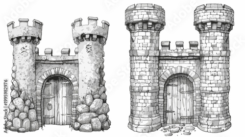Two medieval castle gate illustrations. Hand-drawn with stone towers, arches, wooden doors