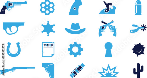 Set of western cowboy themed graphic icons including firearms and accessories in blue and dark blue.
