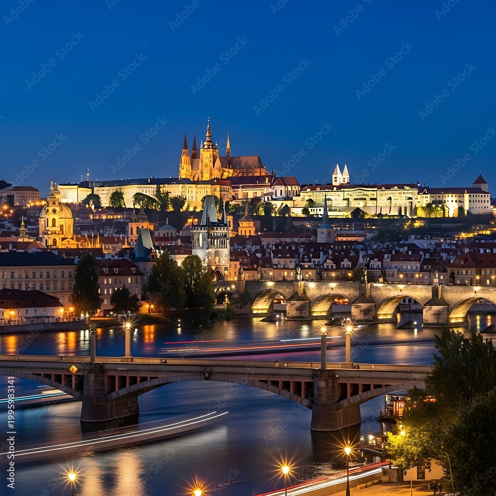 Obraz premium Prague Castle and Charles Bridge at Dusk.