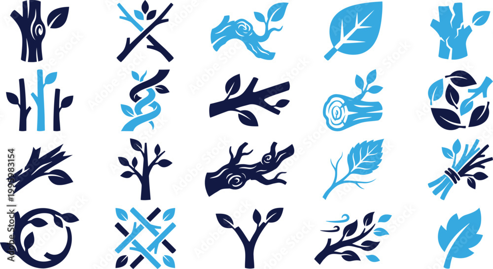 Fototapeta premium Collection of stylized icons depicting branches, leaves, and trees, representing nature, growth, and organic elements, forest, plant life.