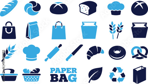 Collection of stylized icons representing bakery products, food items, and packaging, bread, croissant, donut, baguette, wheat, paper bag.