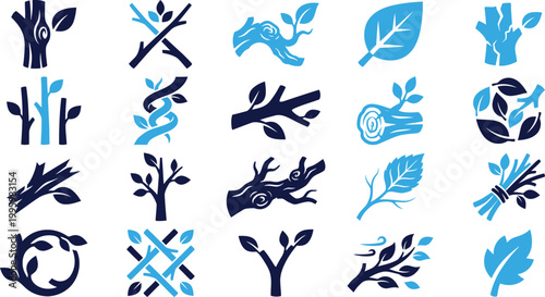 Collection of stylized icons depicting branches, leaves, and trees, representing nature, growth, and organic elements, forest, plant life.