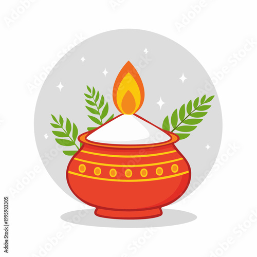 Traditional Indian Pot with Flame and Leaves