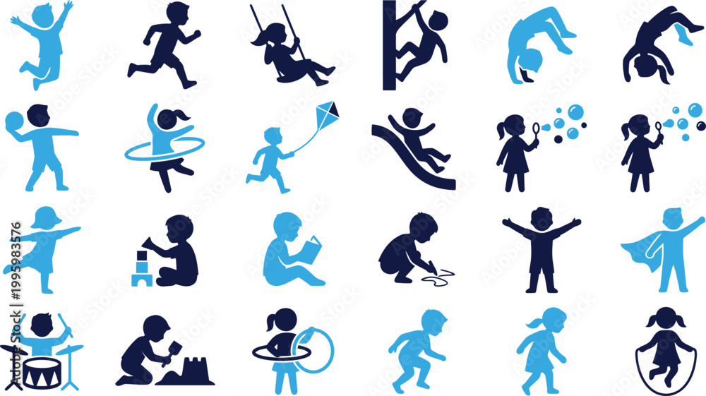 Fototapeta premium Children playing and having fun outdoor with toys and activities like swinging sliding and jumping rope on white.