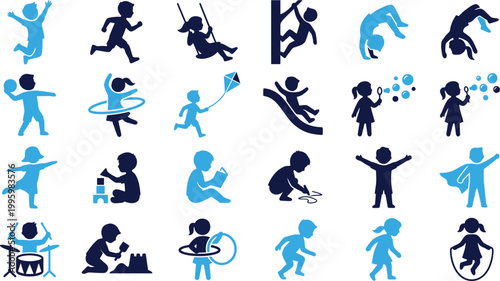 Children playing and having fun outdoor with toys and activities like swinging sliding and jumping rope on white.