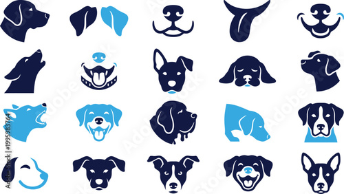 Collection of dog breeds and dog faces expressing different emotions and poses isolated on white background.