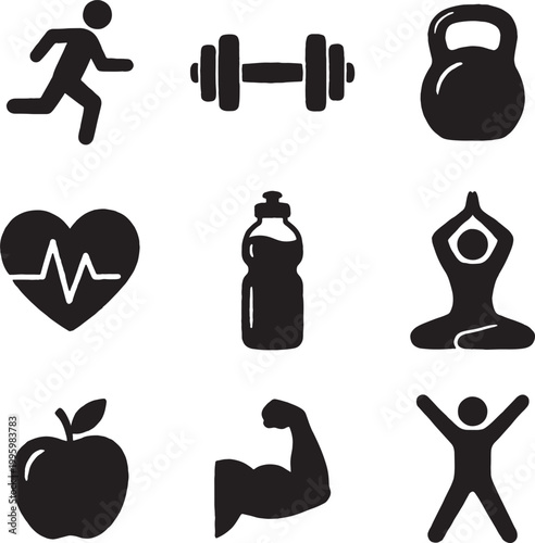 Collection of fitness and healthy lifestyle icons depicting exercise and wellness on a transparent background