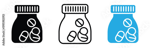 Three colored icons of medicine bottles with pills inside for health and pharmacy concepts