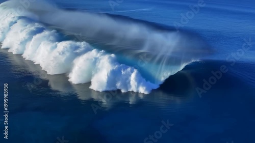 Aerial slow motion tracking shot of ocean wave breaking over submerged reef and rocks in clear blue nearshore sea during daytime