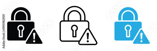 Security warning icons with padlocks and exclamation marks in black, White and blue on white background for cybersecurity concepts