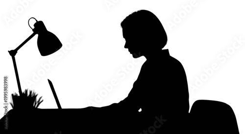 Silhouette person working at desk with laptop and lamp isolated on transparent background, Vector