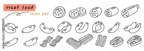 Delight in this meat food icon set featuring variety of delicious items that represent culinary joy. Each icon captures essence of savory flavors and appetizing designs