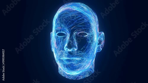 Slow motion zoom in on digital wireframe human face forming and pulsing with glowing neon lines against dark studio background