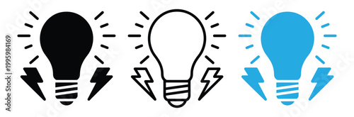 Three light bulb icons with lightning bolts in black, Line art, And blue on white background for business and idea concepts