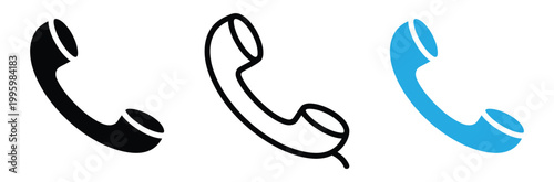 Telephone receiver icons in black line and blue color on white background for communication and customer service concepts