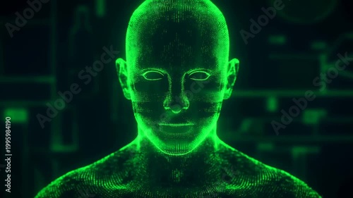 Static shot of digital humanoid head pulsing with green holographic data points against dark circuitry background in virtual environment