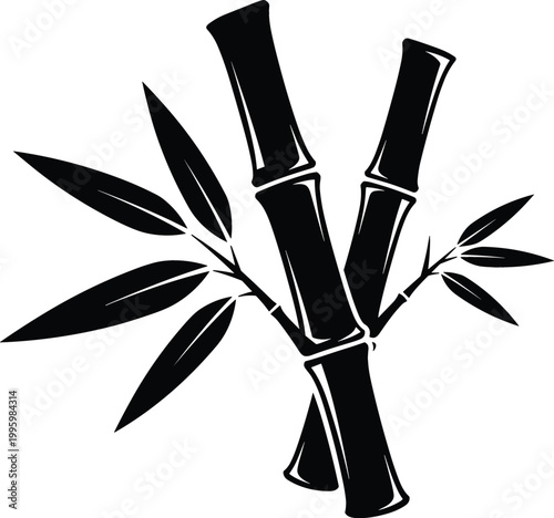 Black bamboo stems with leaves silhouette oriental plant icon nature minimal design vector illustration isolated on light background