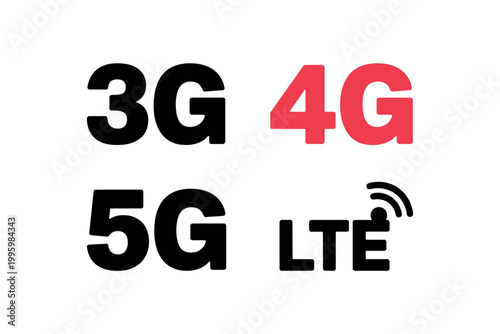 A graphic illustration of various mobile network generations including 3G, 4G, 5G, and LTE on a white background