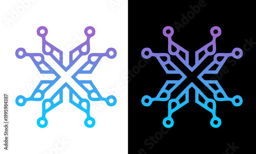 Vibrant purple and blue snowflake designs on white and black backgrounds