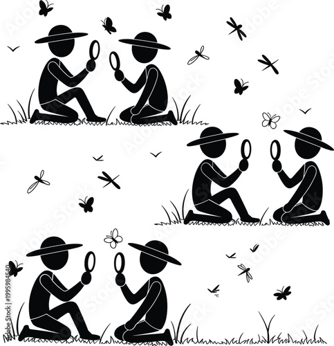 Set of Silhouette Illustrations Featuring Children Exploring Nature with Magnifying Glasses and Catching Butterflies and Dragonflies for Kids Education and Summer Camp Concepts.