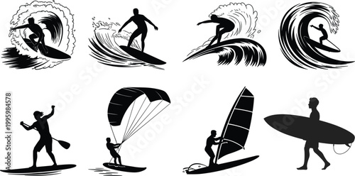 Set of Surfing and Water Sports Silhouette Illustrations Featuring Surfers Riding Waves Kitesurfing Windsurfing and Paddleboarding for Summer Beach Vacation Concepts.