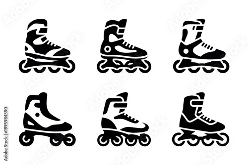 A set of black and white icons of roller skates on a plain background
