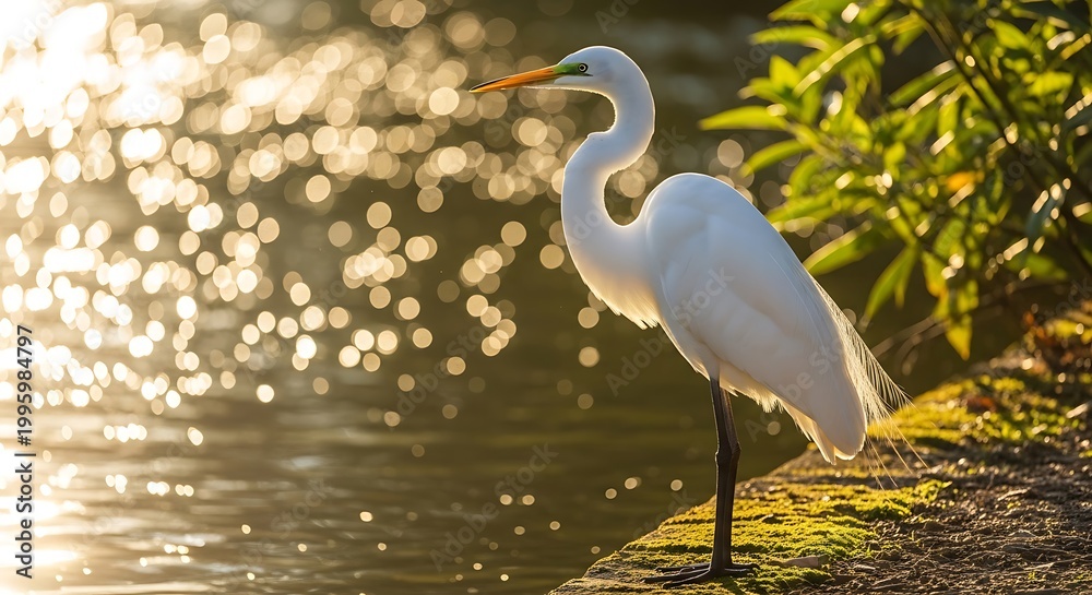 Obraz premium Majestic white egret standing gracefully by a sparkling water body at sunset, surrounded by lush greenery, capturing tranquility and natural beauty in a serene wetland environment.