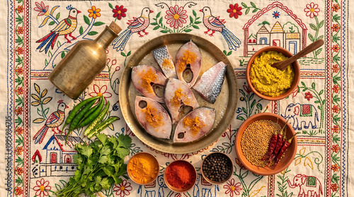 Creative top view of Shorshe Ilish ingredients on embroidered Kantha quilt