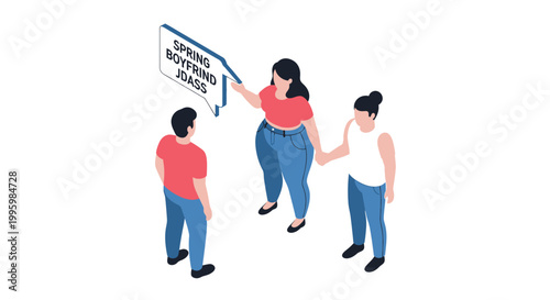 Three People Discussing Spring Boyfriend Jeans with Speech Bubble.