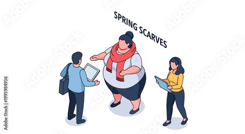 Three People Examining Spring Scarves in a Modern Illustration.