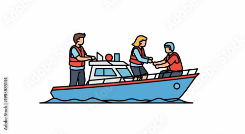 Three People on a Blue Motorboat in the Water.