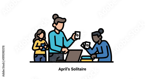 Three people playing solitaire card game together with laptop and cards.
