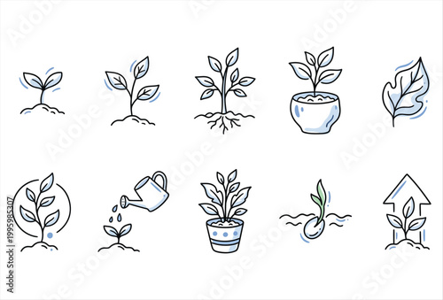 Plant Growing Icon Set – Hand Drawn Growth Nature Vector