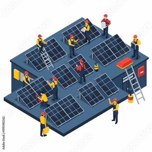 Construction workers installing solar panels on a rooftop.